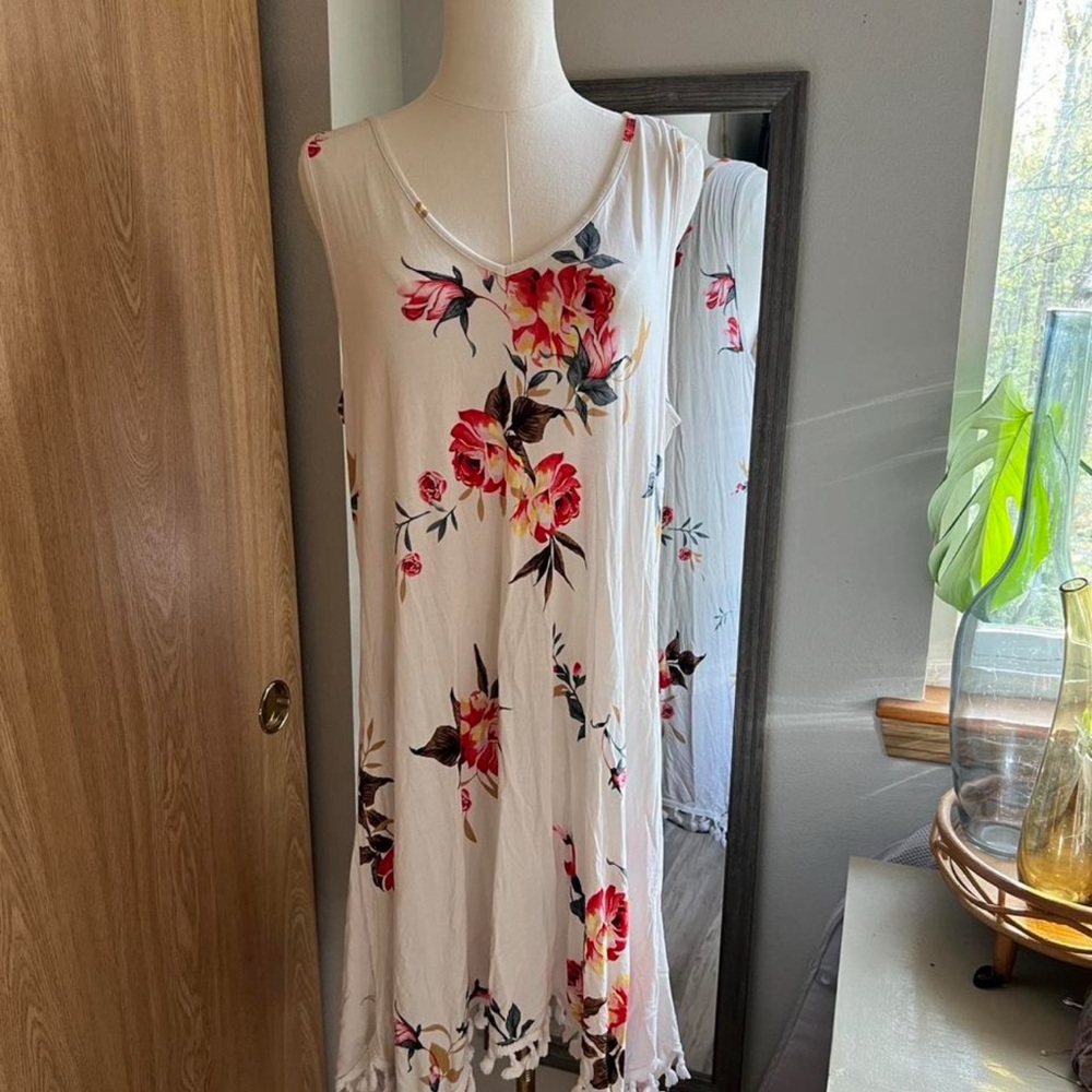 Floral Sleeveless Dress - White with Red and Pink Accents